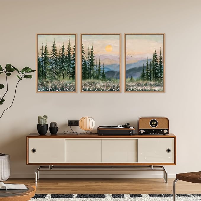 Boho Sunset Forest Framed Canvas Wall Art Set,Colorful Nature Landscape Green Pine Tree Wall Decor, Modern Watercolor Mountain Artwork for Living Room,Bedroom,Office-16 x24 x3