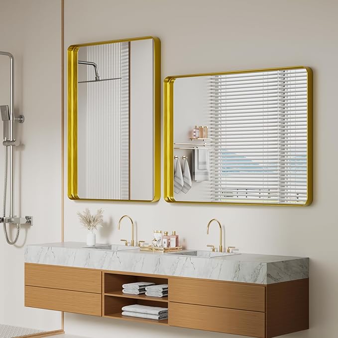Koonmi Gold Bathroom Mirror for Wall, 36x48 Inch Matte Metal Deep Framed Rounded Corner Wall Mirror, Shatterproof Tempered Glass for Farmhouse Bedroom Entryway, Vertically or Horizontally