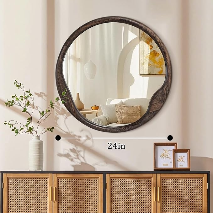 AOAOPQ Round Mirror with Wood Frame 24 inch Circle Wall Mirror for Bathroom Round Wall Mirror for Wall Decor, Vanity, Entryway Living Room Rustic Brown