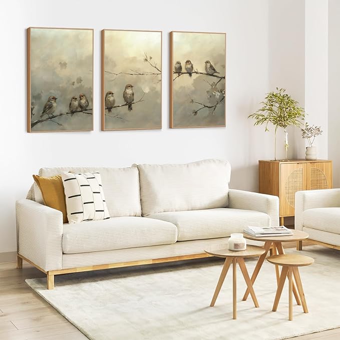 LHIUEM Large Cute Birds Framed Canvas Wall Art Set of 3(16X24in) Nature Inspired Bird Botanical Wall Decor,Big Vintage Branch Bird Painting,Natural Landscape Animal Art Prints for Living Room Bedroom