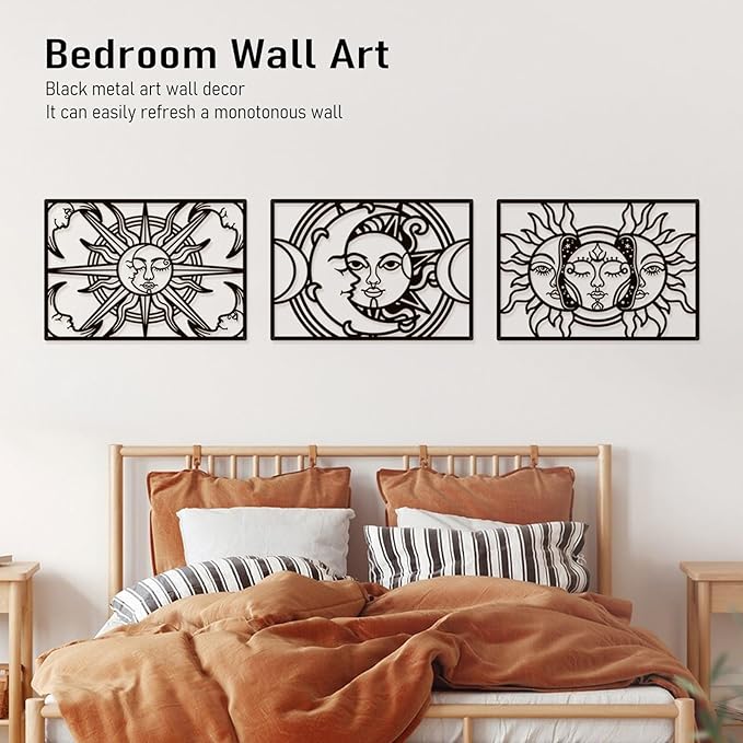 Bakovity Black Metal Wall Decor, Black Abstract Wall Art, Moon Line Art Décor, 3D Sculptures, Large Bohemian Aesthetic Black and White Wall Art for Bedroom Bathroom Living Room (3 Pcs, 17 x 12 in)