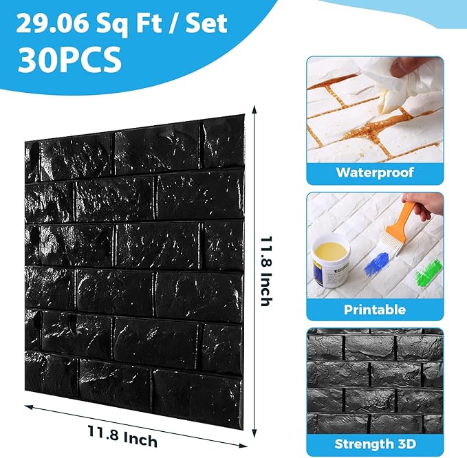Circloophs 30 Pcs 3D Wall Panels Stick and Peel, Black Brick Printable 3D Wallpaper Stick and Peel Self Adhesive Waterproof Foam Faux Brick Paneling for Bedroom, Bathroom, Kitchen, Fireplace