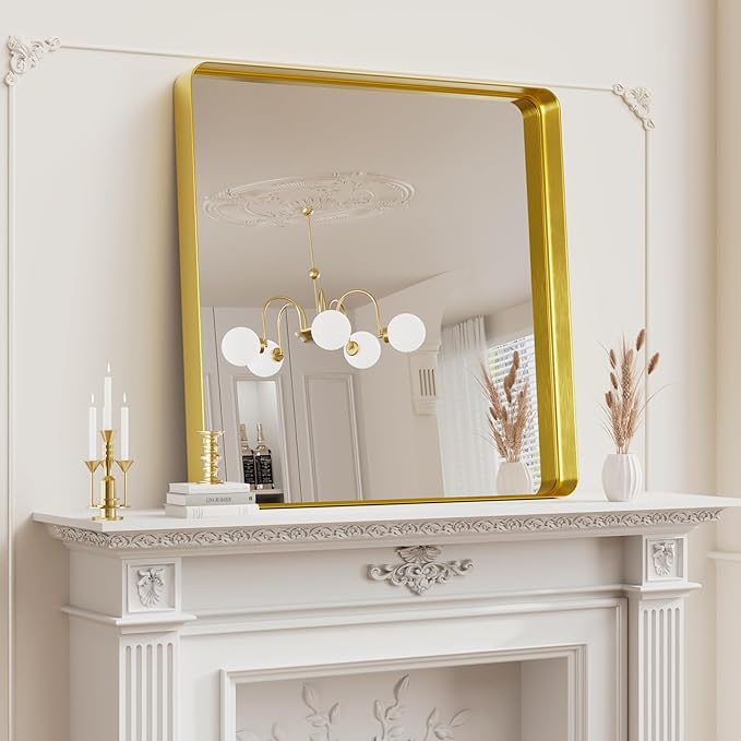Koonmi Gold Wall Mirror for Bathroom, 30x30 Inch Matte Deep Framed Rounded Rectangle Vanity Mirror for Farmhouse Living Room, Tempered Glass, Anti-Rust, Vertically or Horizontally