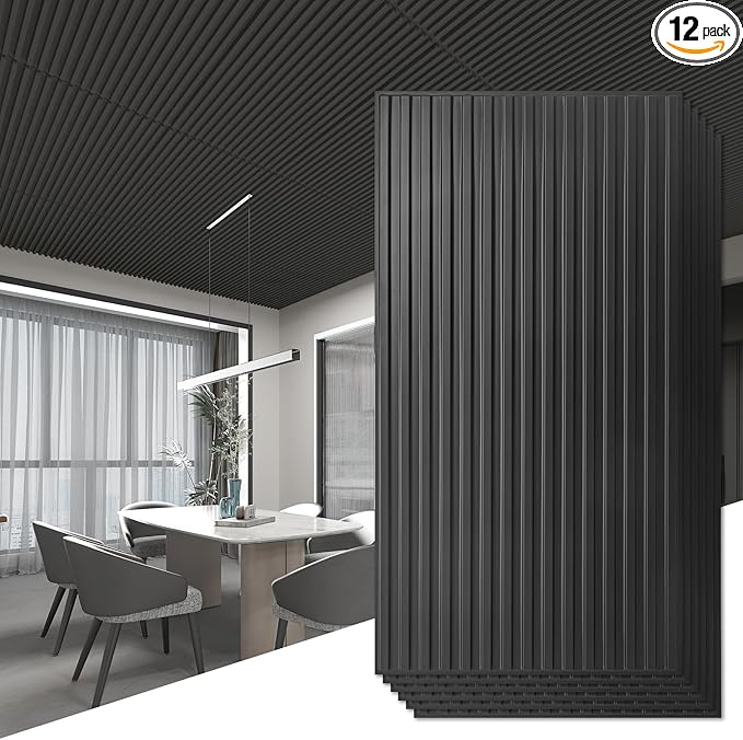 Art3d 12-Pack Slat Design 3D Wall Panels for Interior Wall Decor, 2x4 FT PVC Decorative Drop Ceiling Tiles - Black
