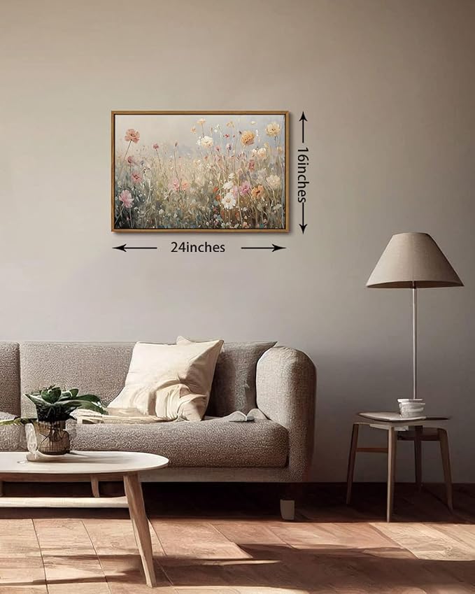 KISSFOX Vintage Summer Wildflower Framed Wall Art Flower Landscape Canvas Art Rustic Country Paintings Art Prints Modern Farmhouse Pictures Wall Decor For Kitchen Bedroom