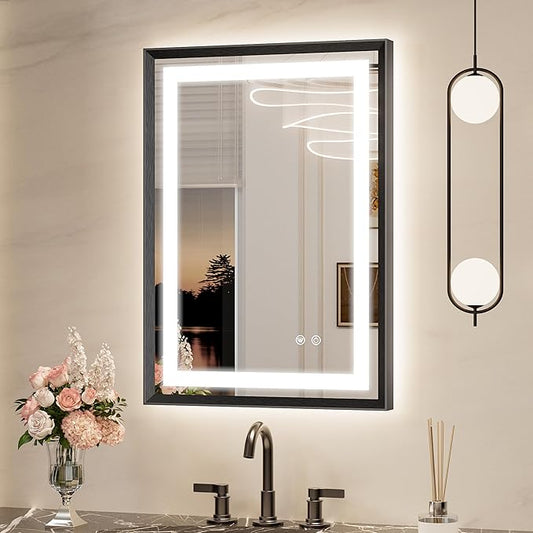 Keonjinn 20 x 28 Inch Black LED Mirror with Frontlit & Backlit, Small Lighted Bathroom Mirror, Safe Tempered Glass, UL Listed Power Driver, Framed Beveled Edge, 3 Color Lights, Anti-Fog, Dimmable