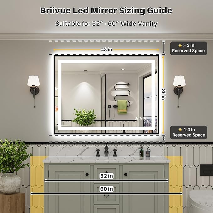 48x36 Inch LED Bathroom Mirror with Black Frame, Backlit & Front Lit, Anti-Fog Lighted Bathroom Vanity Mirror for Wall, Memory Function, Dimmable, HD Tempered Glass, Shatter-Proof