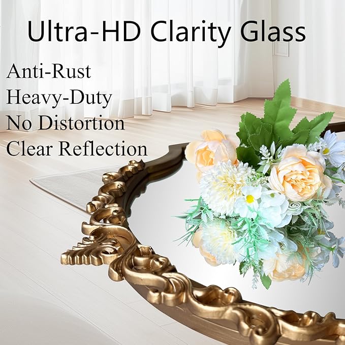 Large Gold Arched Mirror, 61"x22" Vintage Floor Mirror for Dressing, Ornate Baroque Mirrors Full Length, Traditional Carved Mantel Mirrors for Living Room Bathroom Bedroom Entryway