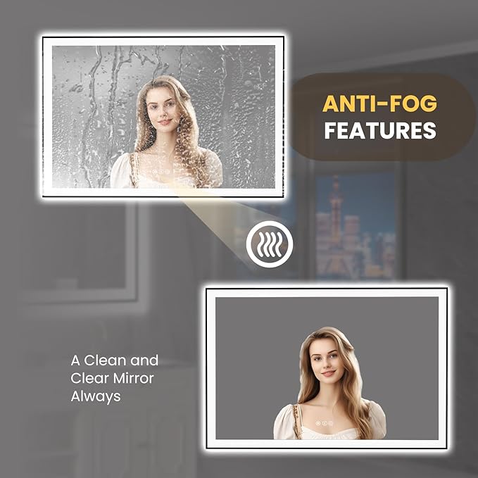 LOAAO 60"X40" LED Bathroom Mirror Black Framed, Anti-Fog, Dimmable, Lighted Bathroom Vanity Mirror for Wall, Memory Function, Tempered Glass