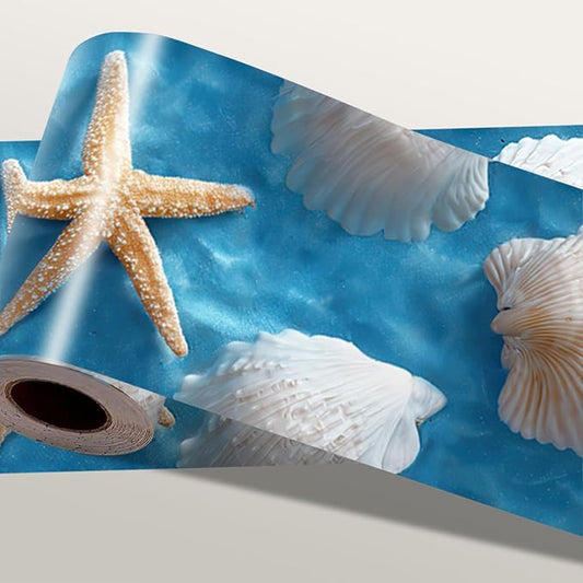 Coastal Seashell Wallpaper Border 196x4 Inch Peel and Stick Wall Border Self Adhesive Starfish Beach Removable Vinyl Trim for Living Room Bedroom Bathroom Kitchen Cabinet Decoration