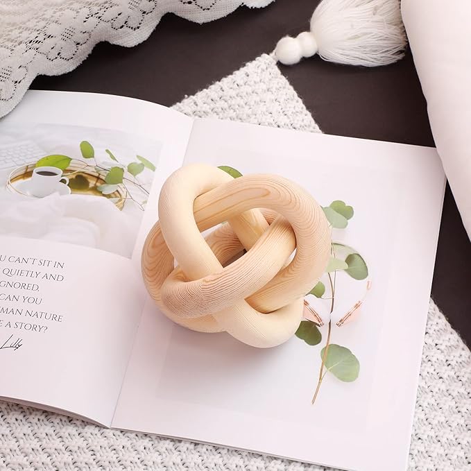 3 Link Wood Knot Decor - Hand Carved Coffee Table Decoration, Boho Chain Link Decor, Modern Shelf, Rustic Objects for Home Living Room Bedroom(Natural)