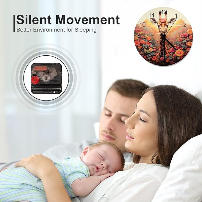 Cartoon Giraffe-Themed Round Wall Clock, Watercolor Flower Giraffe Cute Dream Children's Personalized Theme Decoration, Giraffe-Style Room, Living, Kitchen Wooden Silent Clock 12x12INCH