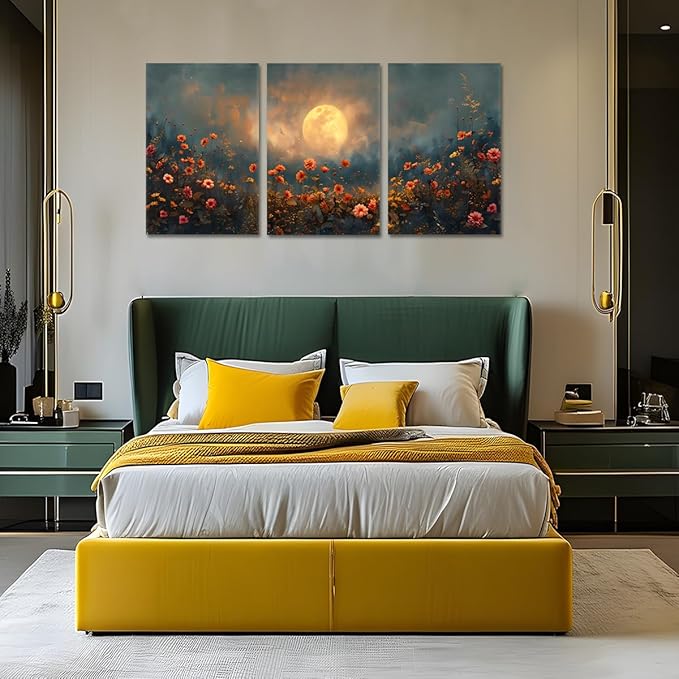 3 pcs Rustic Botanical Wall Art Vintage Moonlit Sky and Blooming Wildflowers Nature Landscape Picture Wall Decor Poster Print Artwork for Bedroom Living Room Home Decoration- 20"x28"x3pcs