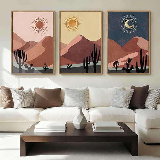 HPNIUB Boho Desert Framed Canvas Wall Art Set, Abstract Sun Moon Art Prints, Modern Cactus Paintings Artwork, Mid Century Southwestern Landscape Wall Decor for Living Room, Bedroom, Office-16 x24 x3
