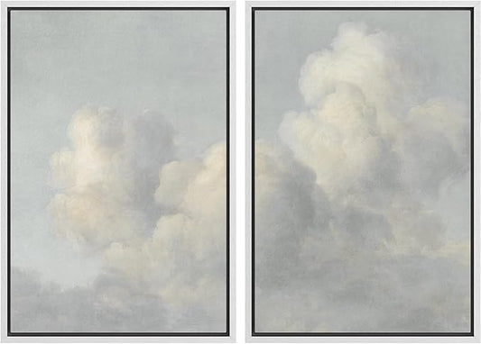 MUDECOR Framed Wall Art Print Set Elegant Cloudscape Vintage Soft Sky Illustrations Modern Minimalist Chic for Living Room, Bedroom, Office - 24"x36"x2 White