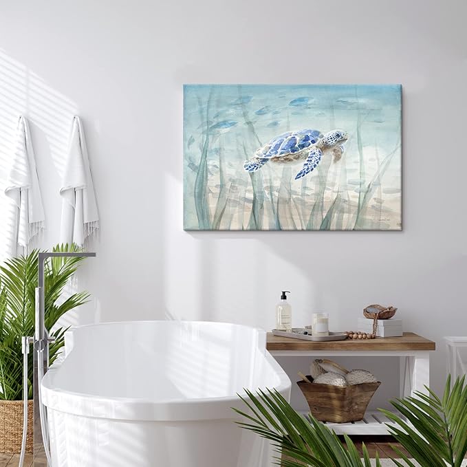 Ocean Wall Decor Blue Turtle Canvas Art Sea Grass Pictures Coastal Print Painting Nautical Artwork For Home Office Ready to Hang 36x24 Inch