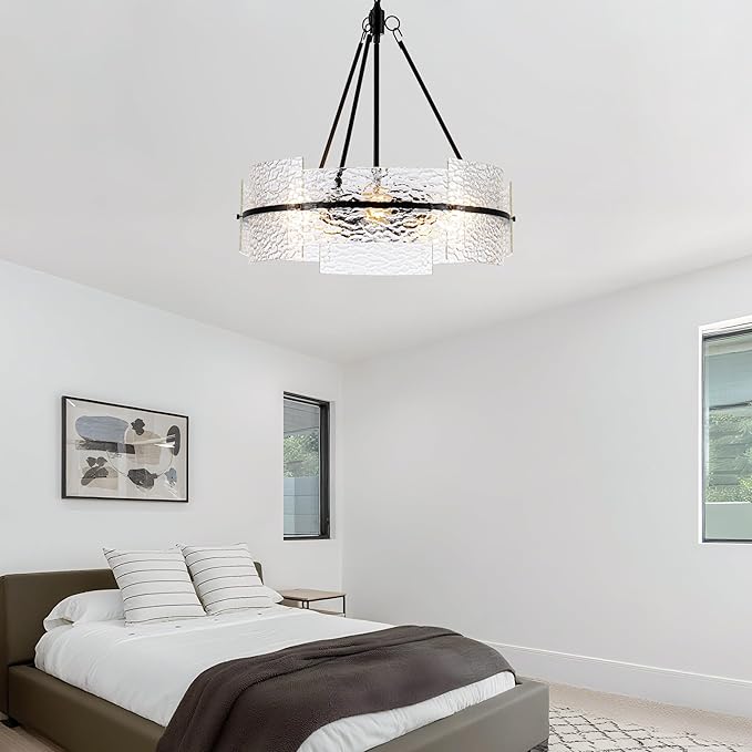 MAYNA Modern Dining Room Chandelier 22.2” Black Textured Glass Chandelier Luxury Drum Crystal Light Fixture Farmhouse Round Hanging Lighting for Dining Room Kitchen Island Living Room Hallway Bedroom