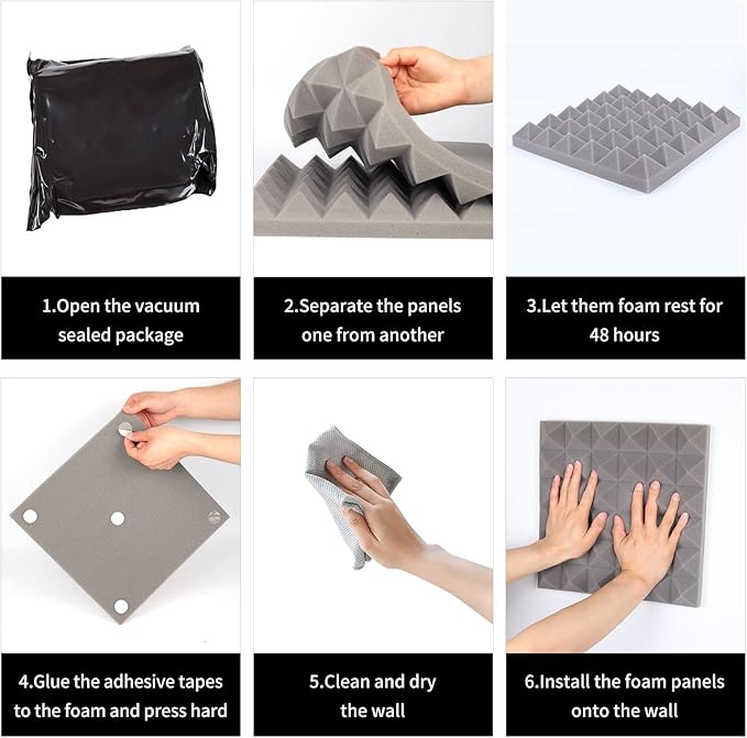 Musfunny Sound Proof Foam Panels, 12 Pcs 2" x 12" x 12" Acoustic Foam Panels Sound Absorbing Wall Panels for Studio Recording Office Home Studio (Gray)