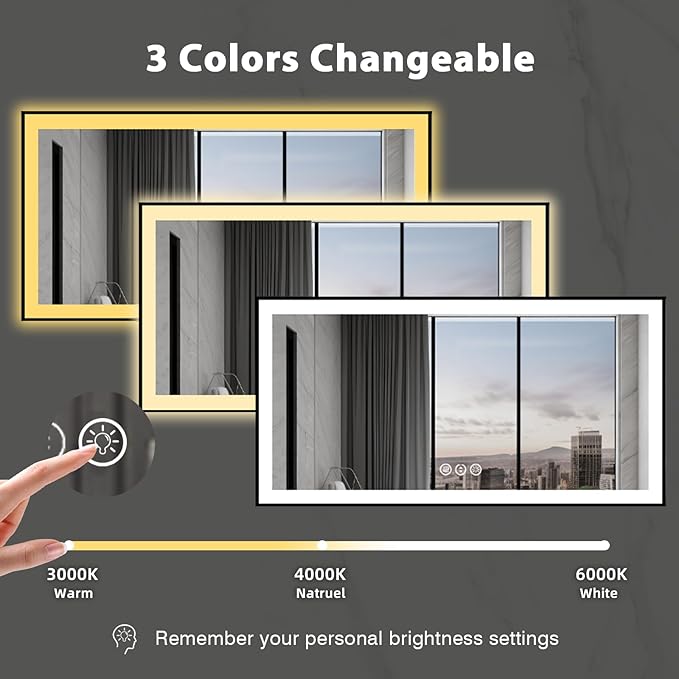 72x36 Lighted Mirrors for Bathroom Wall, Modern Rectangle Matte Black Mirror, Tempered Glass，Double Lights, 3 Colors Dimmable Temperature, IP54 Enhanced Anti-Fog, Memory (Horizontal/Vertical)