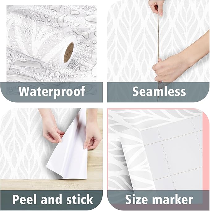 Modern Grey White Geometric Peel and Stick Wallpaper Self Adhesive Grey Floral Geometric Contact Paper Removable Boho Floral Contact Paper for Bedroom Bathroom Cabinets Wall Decor 17.5"x315"