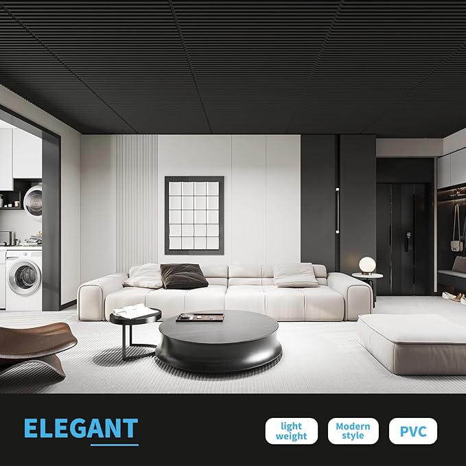 Art3d 6-Pack Slat Design 3D Wall Panels for Interior Wall Decor, 2x4 FT PVC Decorative Drop Ceiling Tiles - Black