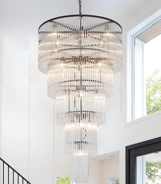 Large Black Chandeliers for High Ceilings H49 5-Tier Glass Chandelier Light Fixture for Foyer Dining Room Extra Long Modern Tiered Chandelier for Living Room Entranc Stairway Villa