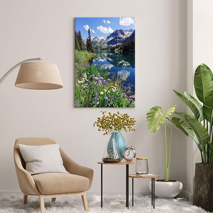 Large Mountain Wall Art Living Room Decor Lake Reflection Canvas Pictures Rocky Mountain National Park Poster Nature Wildflowers Landscape Colorado Mountains Paintings Artwork Home Decoration 24x36"