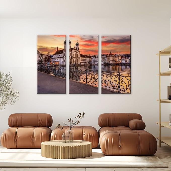 3Pcs European Cityscape Canvas Wall Art Scenic Sunset Over River Cathedral with Domes Lucerne-Inspired Architecture Romantic Travel Destination Decorative Framed Artwork for Living Rooms Bedrooms