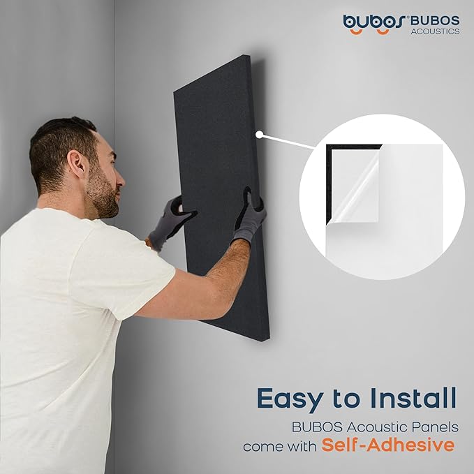 BUBOS 4 PCS Acoustic Panels,23.6''x11.8'' Fabric Soundproof Wall Panels,Self-adhesive Sound Absorbing Panels for Studios, Office, Home Theater,Fabric-Clad Black