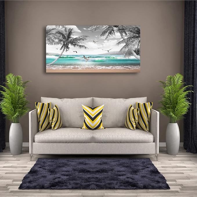 Beach Palm Pictures Canvas Wall Art For Living Room Bedroom Wall Decor,Sea Wave Wall Art Print Paitnings For Home Decor,Morden Artwork Coconut Tree Canvas Art Ready To Hang-20X40Inches