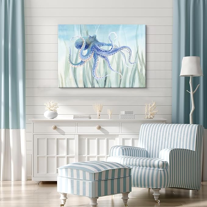 Ocean Wall Decor Octopus Canvas Wall Art for Bathroom Under The Sea Blue Coastal Decor for Home Nautical Prints for Bedroom Kitchen Restroom 36x24Inch