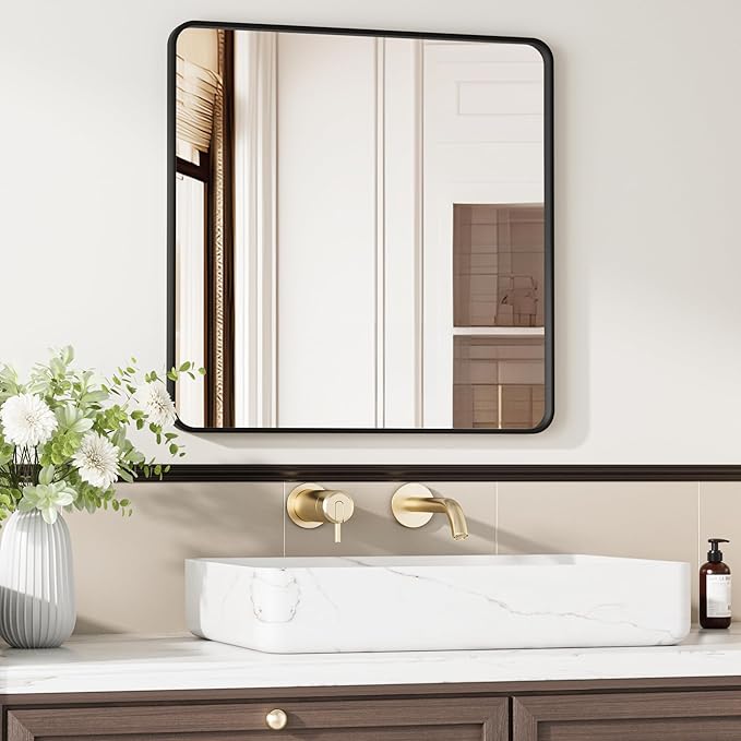 Black Bathroom Mirror 30X30 Inch Bathroom Vanity Mirror for Wall, Metal Frame Large Mirror, Tempered Glass, Modern Wall Mirror for Bathroom, Farmhouse, Horizontally or Vertically Hanging