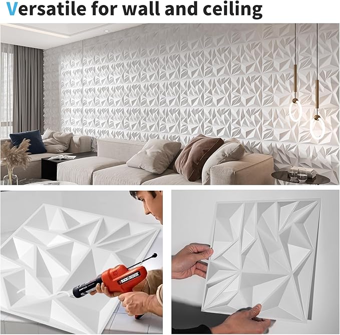 Art3d 50-Pack 3D Wall Panels for Interior Wall Decor, Modern Diamond Textured Accent Wall Paneling for Gaming Living Room TV Wall Background, 12 x 12 inch White