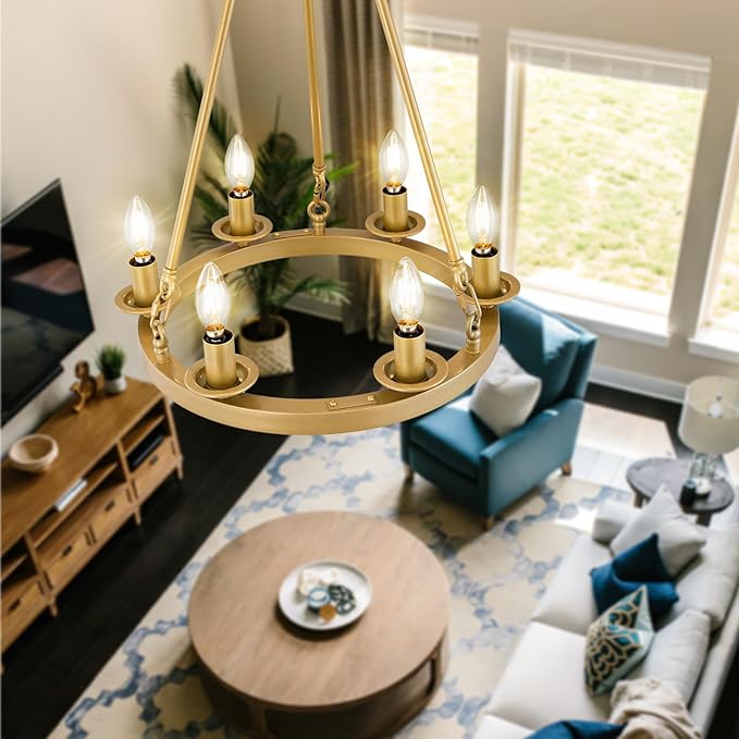 6-Light Gold Wagon Wheel Chandelier, Modern Farmhouse Chandelier Rustic Industrial Round Small Wagon Wheel Light for Dining Room, Kitchen, Bedroom, Living Room,Entryways