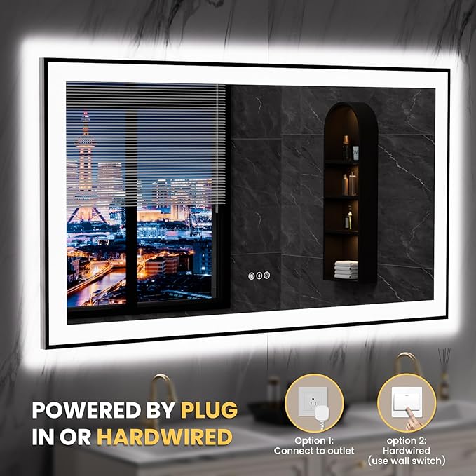LOAAO 55"X30" LED Bathroom Mirror Black Framed, Anti-Fog, Dimmable, Lighted Bathroom Vanity Mirror for Wall, Memory Function, Tempered Glass