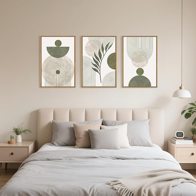 Large Sage Green Boho Botanical Framed Canvas Wall Art Set,Abstract Minimalist Beige and Green Wall Decor,Modern Geometric Leaf Line Boho Artwork for Living Room,Bedroom,Office-16 x24 x3