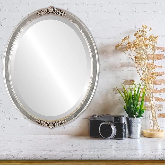 OVALCREST Oval Beveled Wall Mirror for Home Decor - Athena Style - Silver Leaf with Brown Antique - 18" x 14" Outside Dimensions