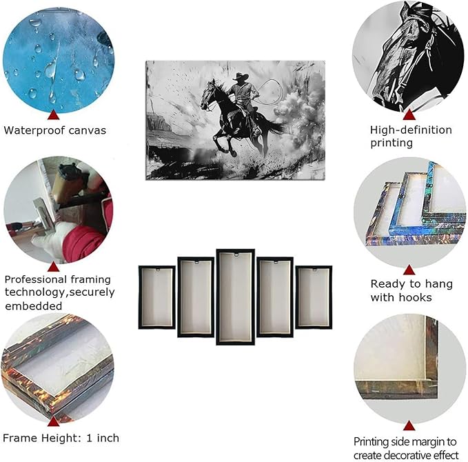 Black and White Western Cowboy Pictures Wall Decor for Bedroom Living Room Office Home Decortion Prints Framed(12L x 16W)