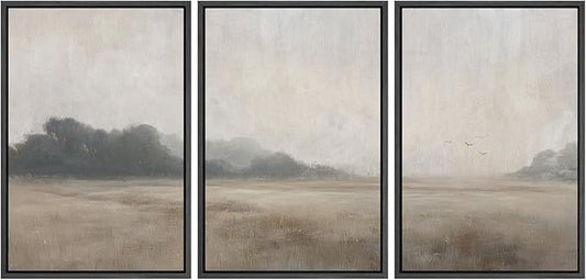MUDECOR Framed Wall Art Print Set Serene MeadowTranquil Landscape with Foggy Fields and Distant Trees Illustrations Realism Decorative for Living Room, Bedroom, Office - 16"x24"x3 Black