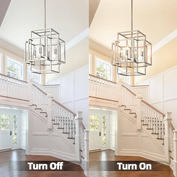 16.5" Modern Chandelier, 4-Light Farmhouse Foyer Lighting Fixtures, Hanging Kitchen Island Pendant Light, Industrial Sliver Lantern Pendant Lights, for Entryway Staircase Hallway