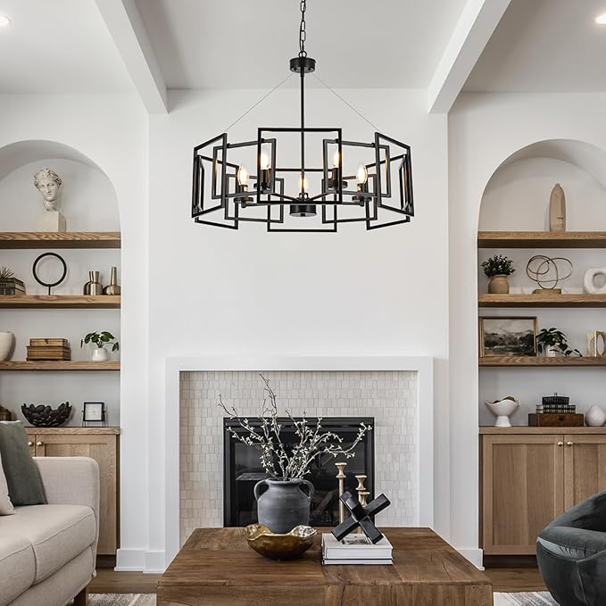 5-Light Black Geometric Chandelier,Height Adjustable Industrial Chandelier for Dining Room,Modern Farmhouse Chandelier Light Fixture over Table,for Bedroom,Living Room,Entryway,Bulbs Not Included