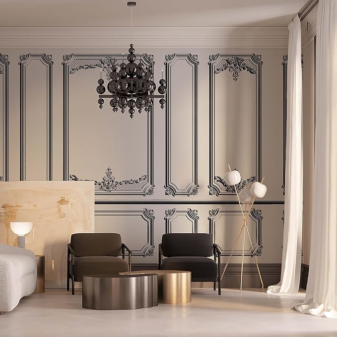 Large 3D Peel and Stick French Wallpaper Mural 148" W x 98" H Classic Black and White Interior Wall with Mouldings Mural Vintage Architectural Wallpaper for Bedroom TV Background Living Room