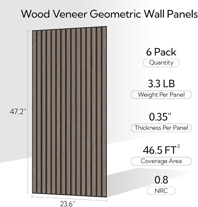 Olanglab Wood Veneer Acoustic Wall Panels 6 Pack, 23.6"×47.2" Sound Absorbing Wall Panels for Interior Wall Decor, Dark Walnut