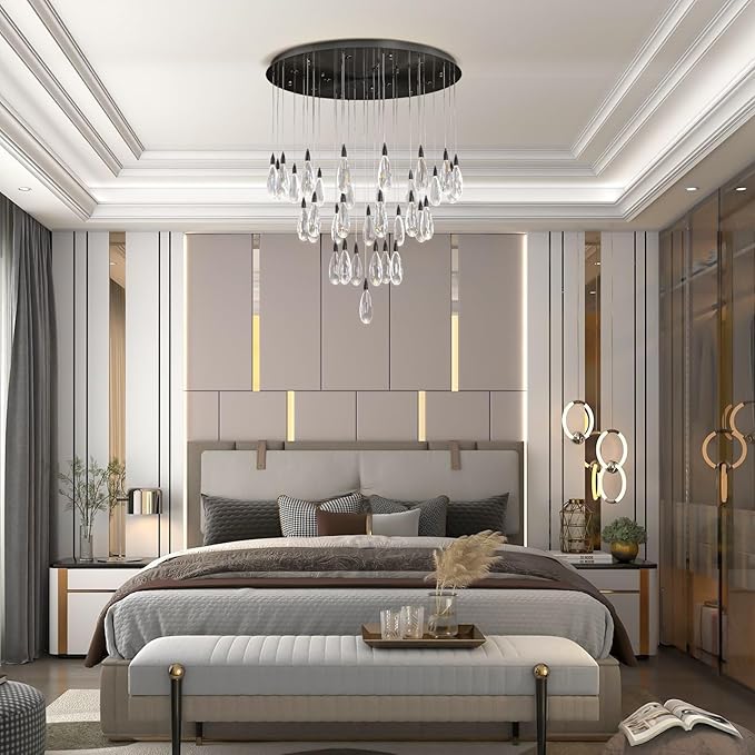 189" Luxury Long Crystal Chandelier, 43-Light Modern Black Raindrop Staircase Chandelier, Contemporary 4000K Dimmable Flush Mount Light Fixture for Foyer, Entryway, Living Room, High Ceilings