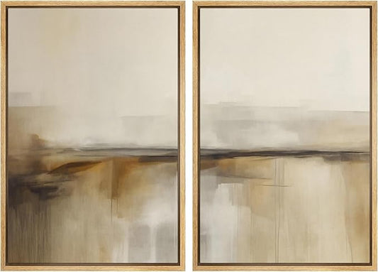 MUDECOR Framed Canvas Print Wall Art Set Abstract Beige and Brown Gradient Neutral Minimalist Landscape Illustrations Modern Art Decorative Calm for Living Room, Bedroom, Office - 16"x24"x2 Natural