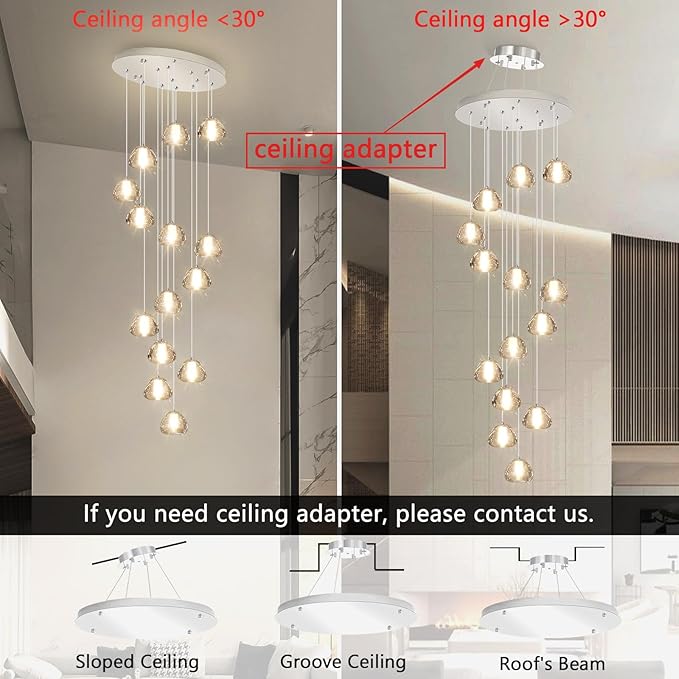 14-Light Modern Chandeliers for Entrance High Ceiling Chandelier Long Lights Fixture LED Ceiling Light Bubble Crystal for Hallway Foyer Stairwell