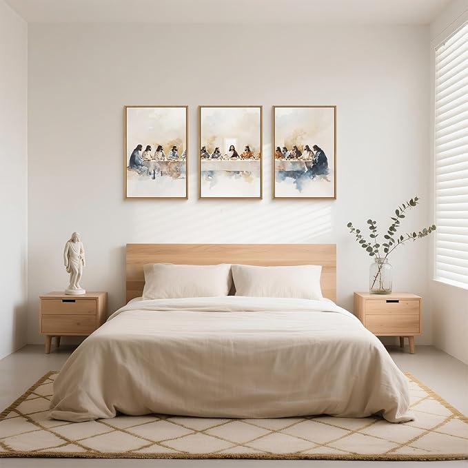 Large Watercolor Jesus Last Supper Scene Framed Canvas Wall Art Set,Jesus and Twelve Apostles Wall Decor,Christmas Religious Bible Story Artwork for Living Room,Bedroom,Church-24 x36 x3