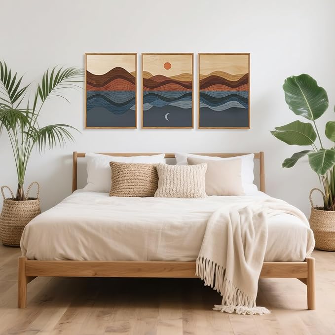 CHDITB Sunrise Moon Landscape Framed Canvas Wall Art, Nature Mountain Sea Wall Decor, Minimalist Artwork Abstract Waves Line Painting, Vintage Prints for Living Room Beach House Office-16 x24 x3