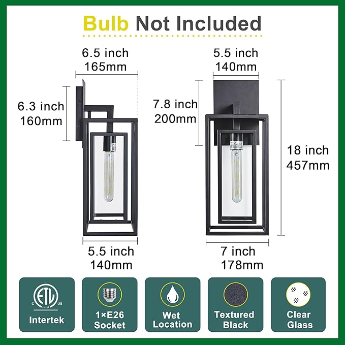 18"Ht Modern Industrial Outdoor Wall Light Fixture with Textured Black Anti-Rust Metal and Clear Glass, Wet Rated for Exterior House Porch Patio Outside Deck Garage Yard Front Door Garden