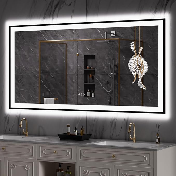 LOAAO 72"X32" LED Bathroom Mirror Black Framed, Anti-Fog, Dimmable, Lighted Bathroom Vanity Mirror for Wall, Memory Function, Tempered Glass